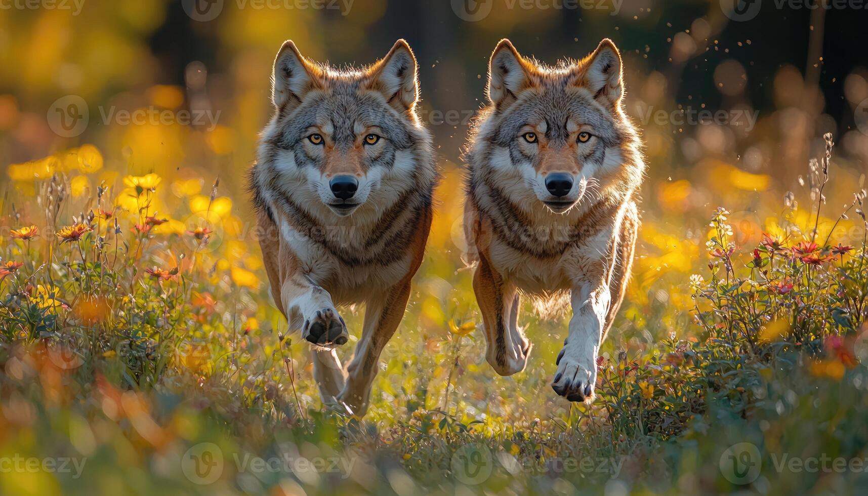 Two Wolves Running Through Autumnal photo