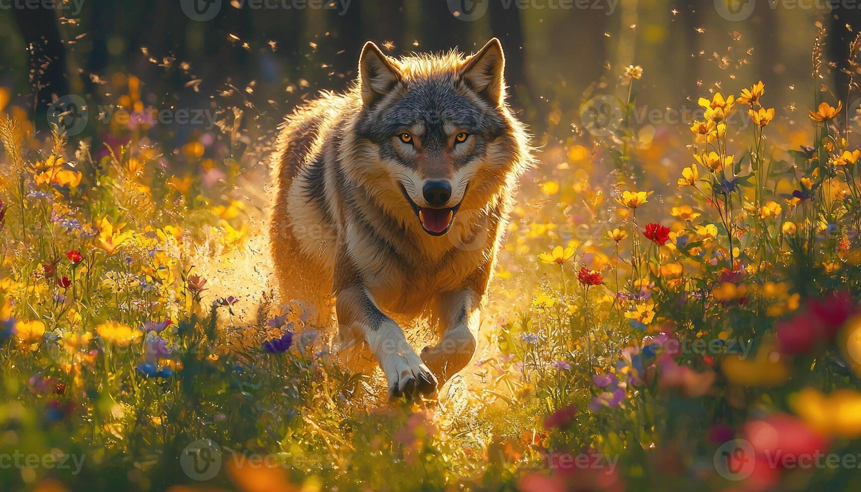 Majestic Wolf Running Through Summer Wildflowers photo