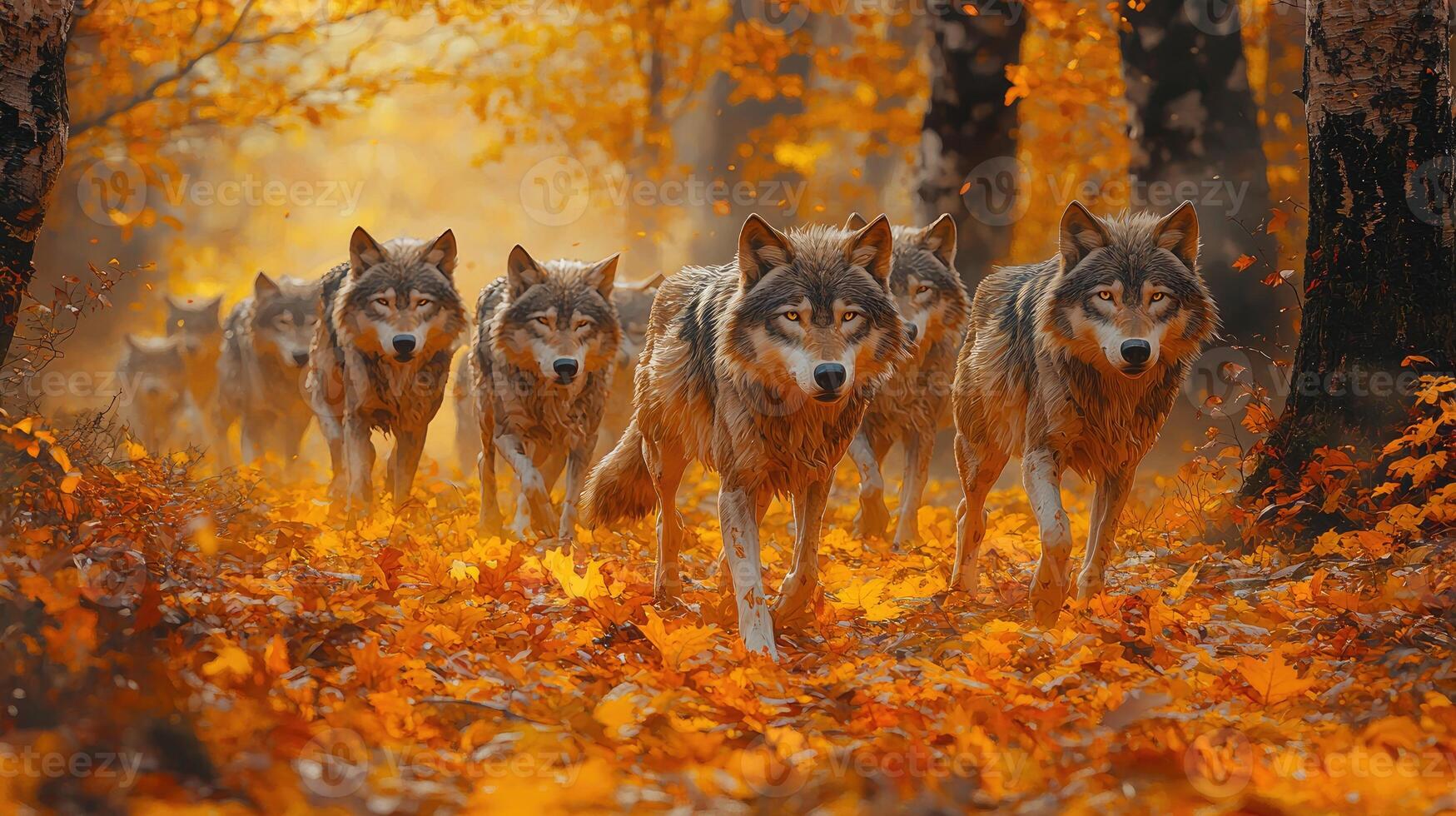 Wolves Walking Through Autumn Forest photo