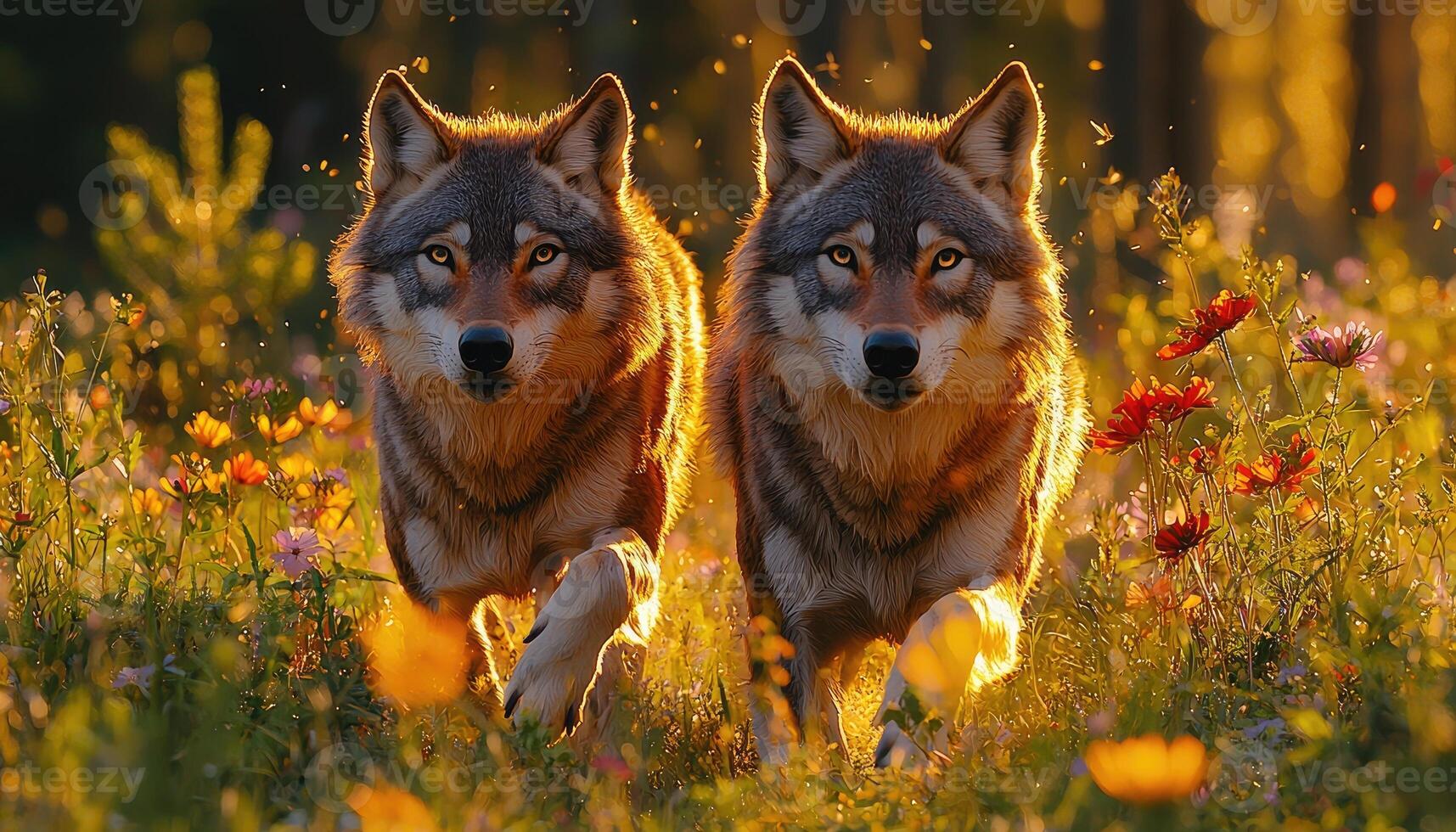 Two Wolves Running Through A Summer Meadow photo