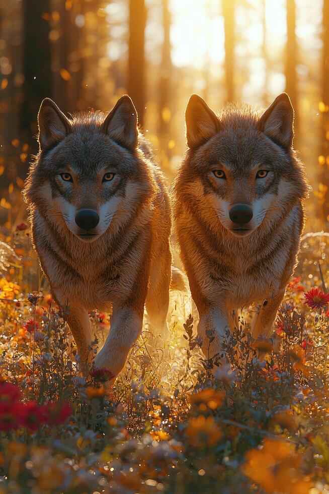 Two Wolves Walking Through Autumnal Flowers photo