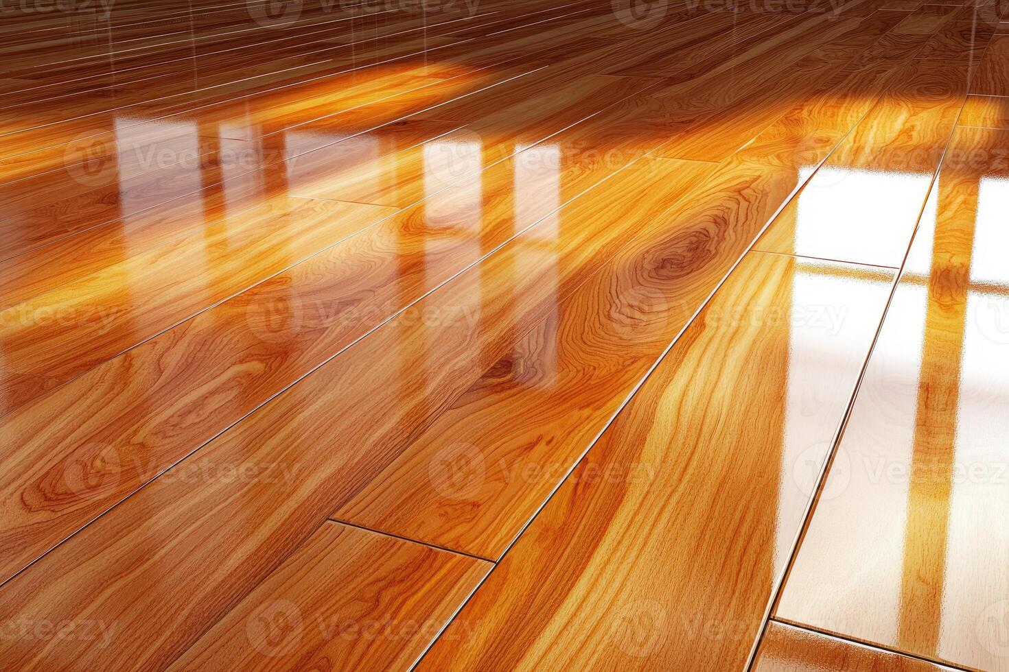 Polished Hardwood Floor Reflecting Sunlight Through Windows photo