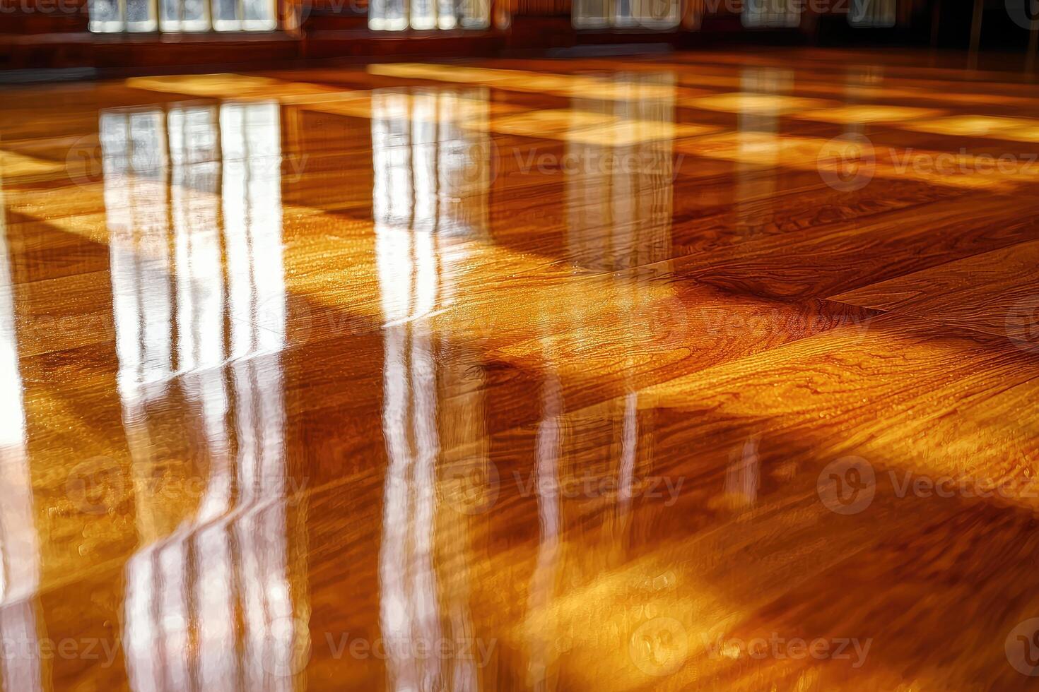 Polished Wooden Floor Reflecting Sunlight Through Windows photo