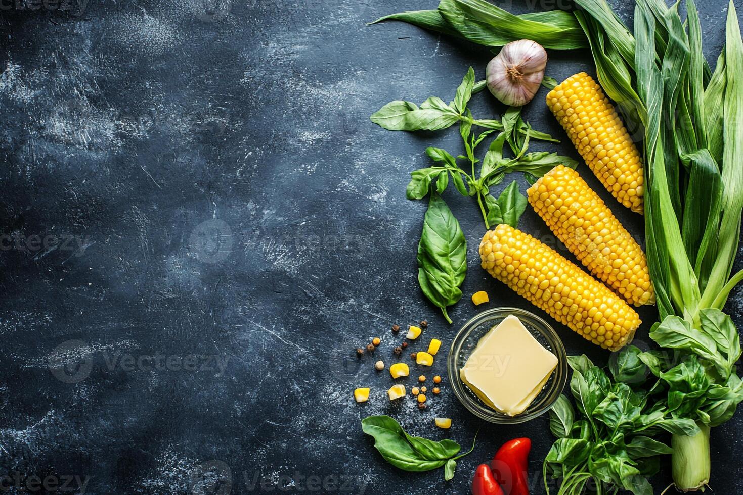Corn On The Cob With Butter, Copy Space, Food Setting photo