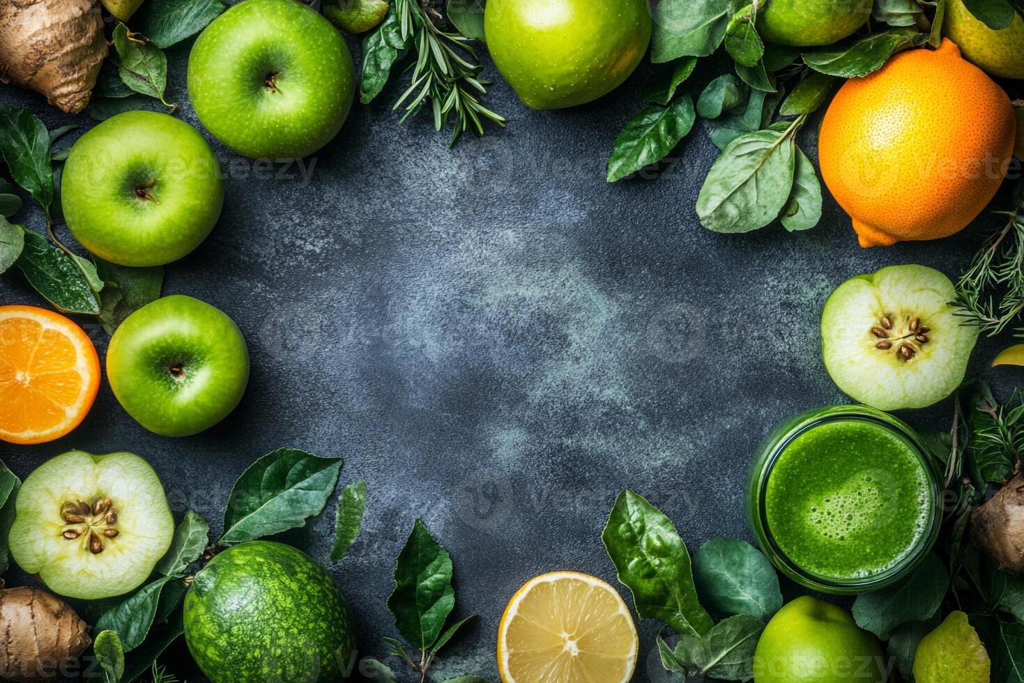 Fresh fruits and vegetables arranged in a circle on a black background photo