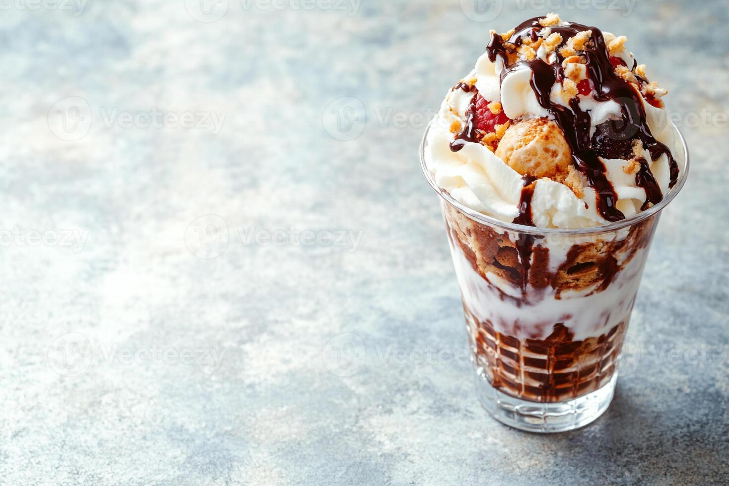 Ice Cream Sundae With Hot Fudge, Copy Space, Food Setting photo