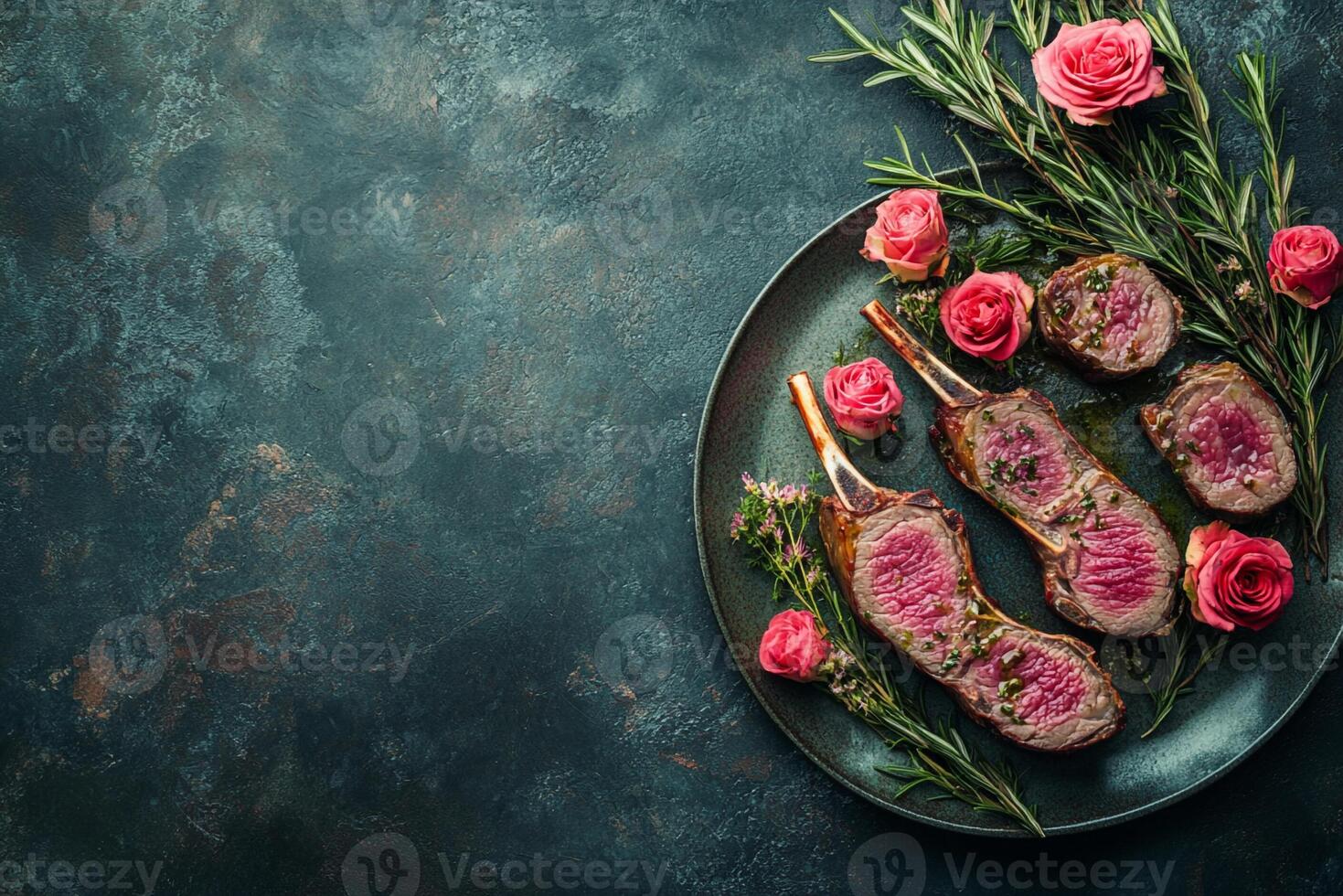Grilled lamb chops with rosemary and herbs on a dark background photo