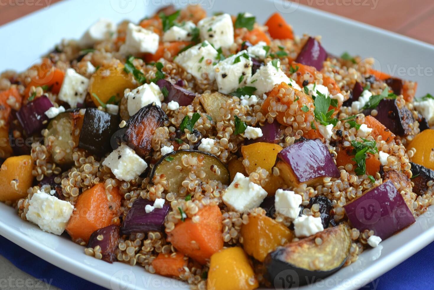 Quinoa Salad With Roasted Vegetables And Feta, Copy Space, Food Setting photo