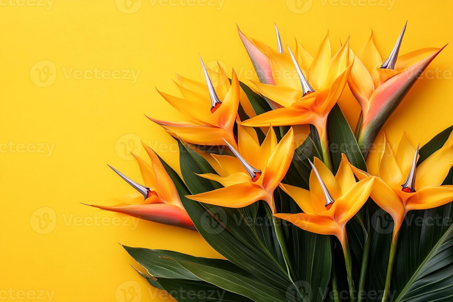 Bird of Paradise on a vibrant background, photorealistic top view Bird of Paradise plant photo