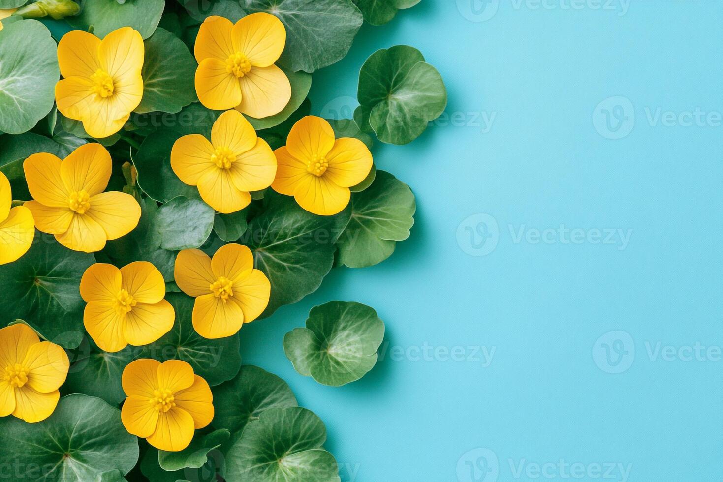 Top view Marsh Marigold on a vibrant background, flower setting photo