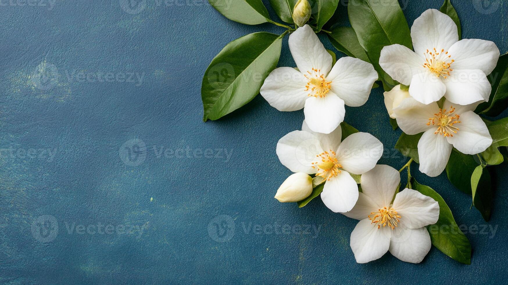 Mock Orange on a vibrant background, photorealistic top view Mock Orange flower photo