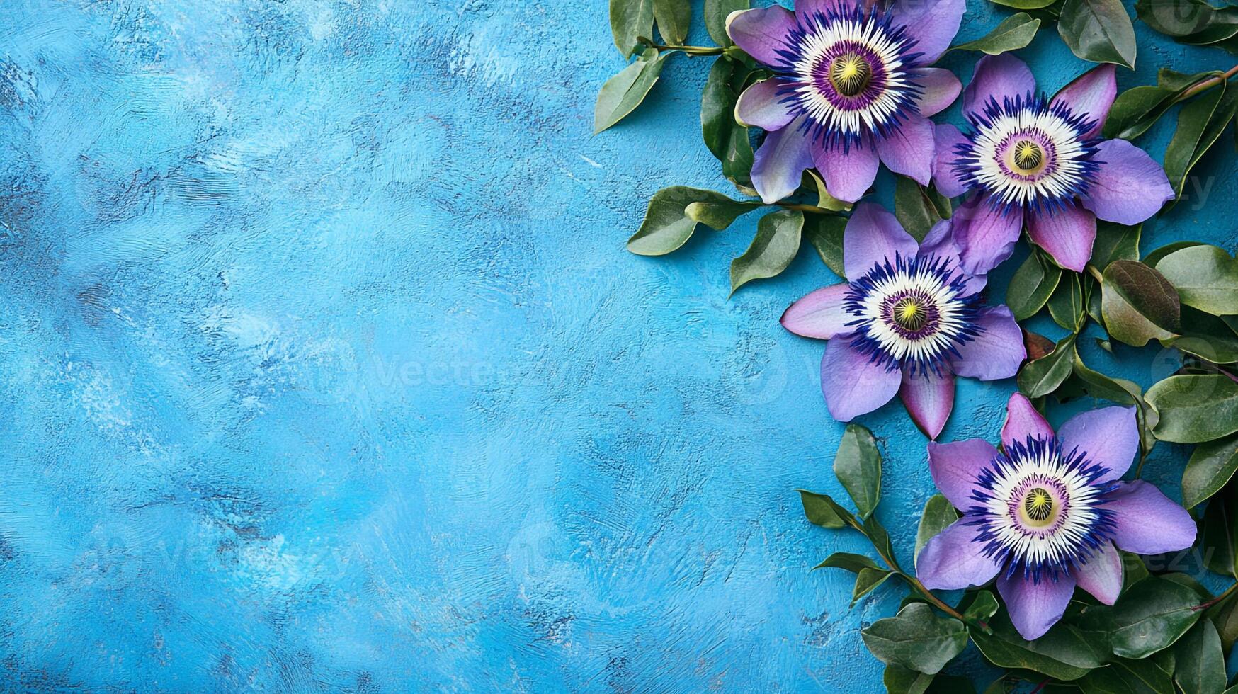 Passionflower on a vibrant background, top view photorealistic flower photo