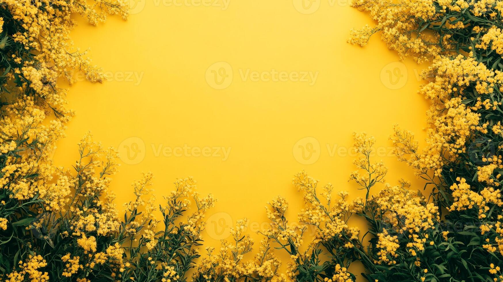 Solidago on a vibrant background, top view photorealistic flower photo
