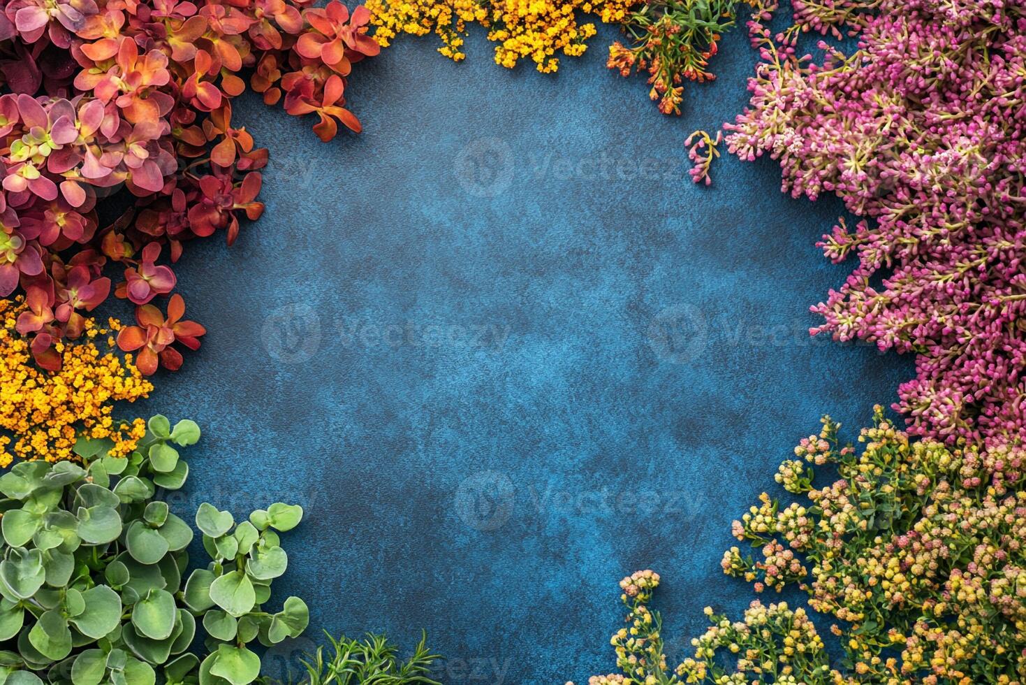 Stonecrop dwarf varieties on a vibrant background, top view photorealistic plant photo