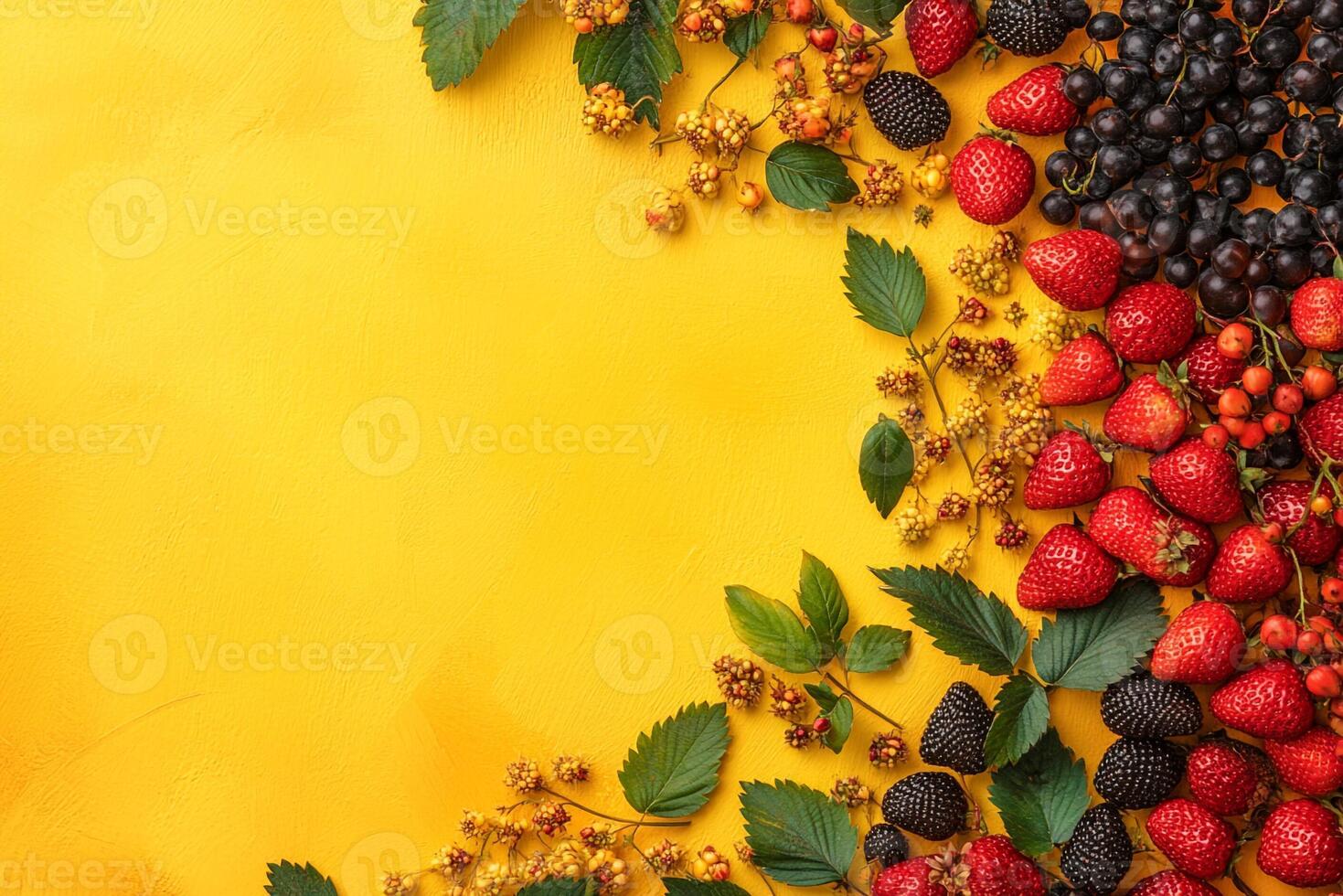 Top view photorealistic Strawberry varieties, plant set on a vibrant background photo
