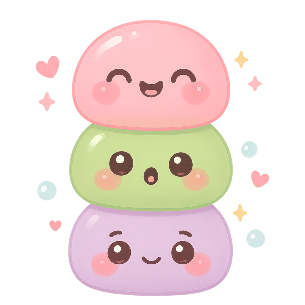 Stack of colorful kawaii mochi characters with happy faces, Transparent Background png
