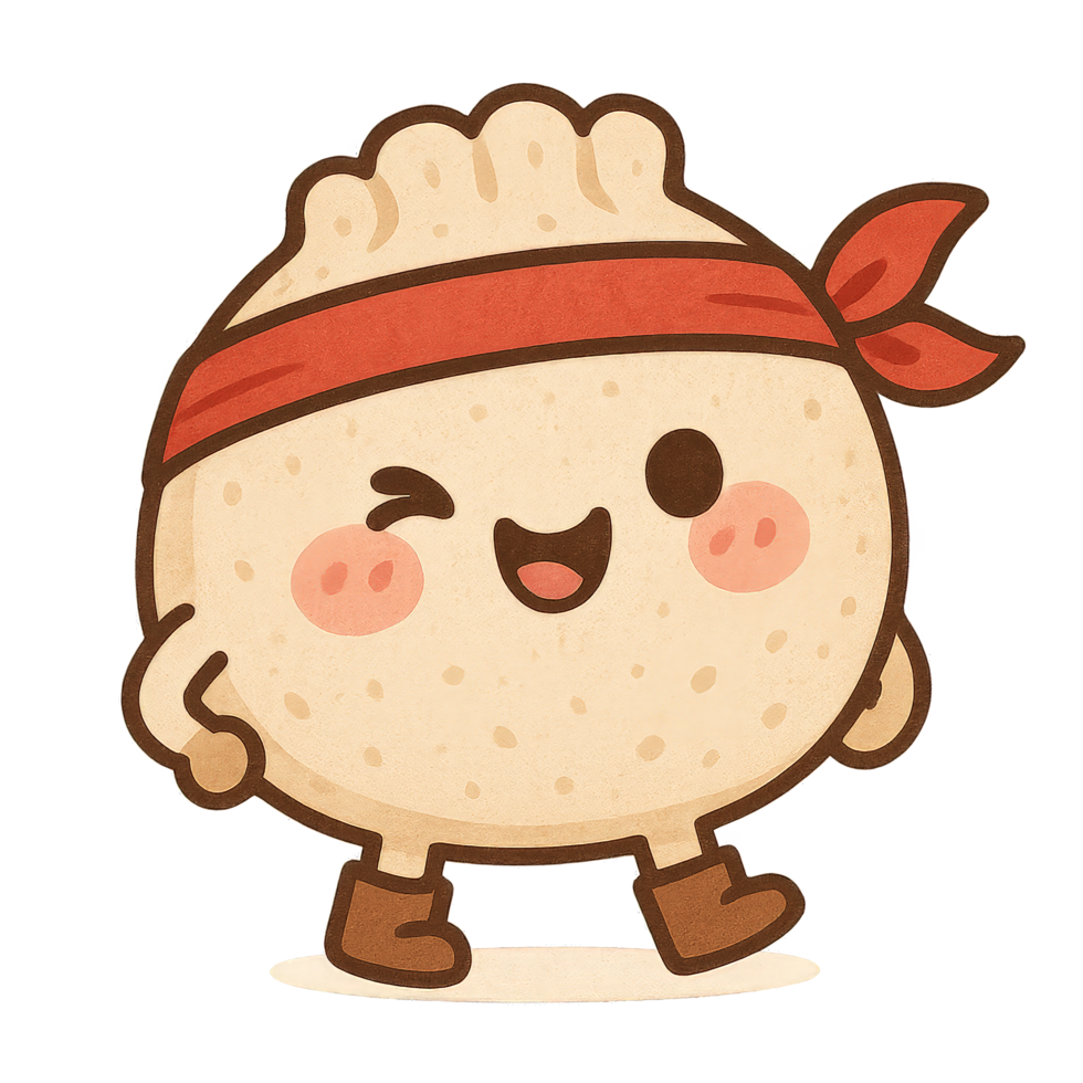 Kawaii Winking dumpling character with red headband and boots, Transparent Background png