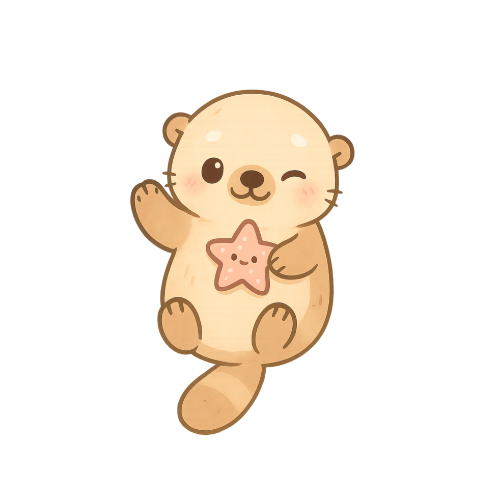 Kawaii Happy sea otter holding smiling starfish while floating, Transparent Background png