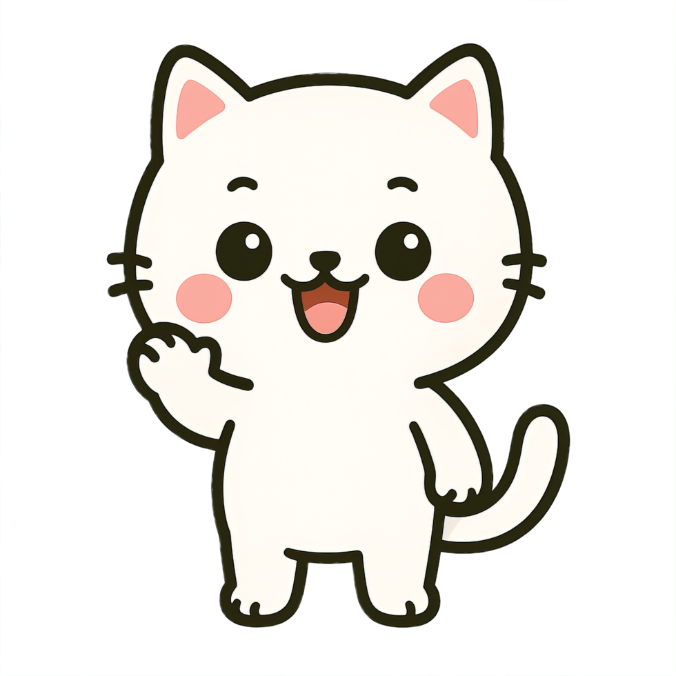 Friendly White Kawaii Cat Waving with Happy Expression, Transparent Background png