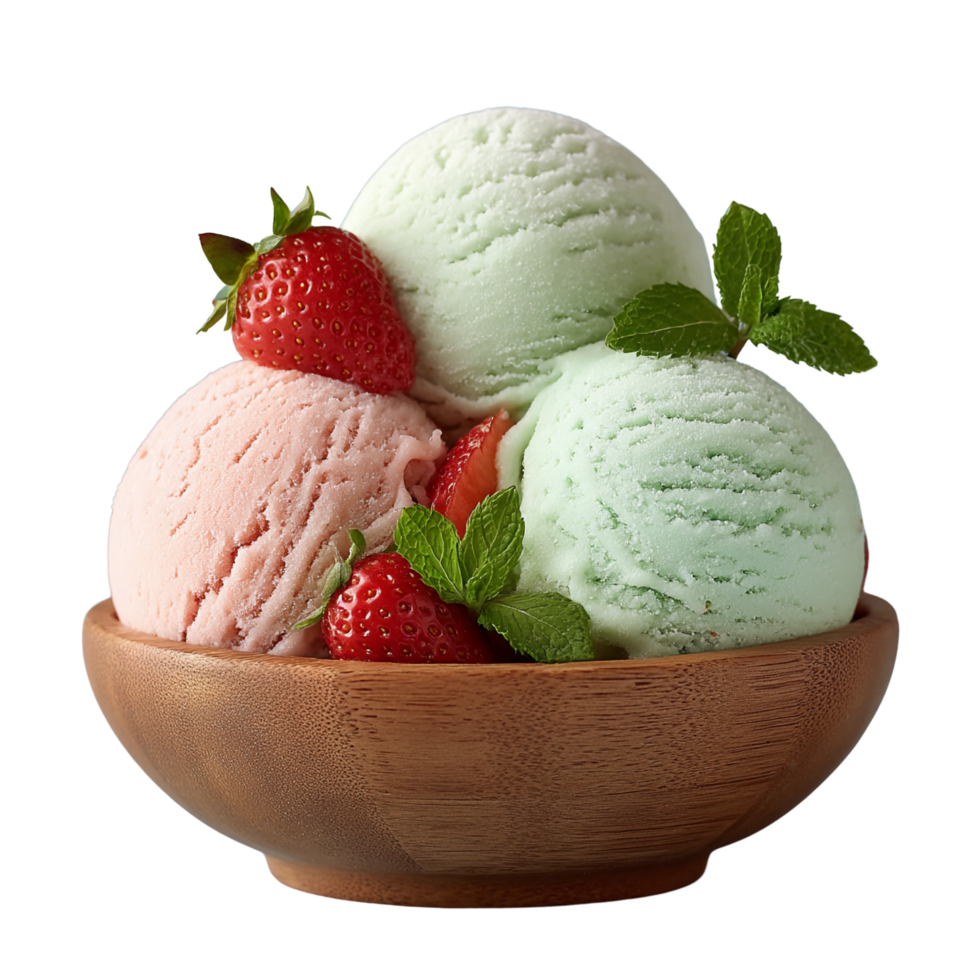 Three sparkly scoops of fruit ice cream with strawberries and mint, transparent background png