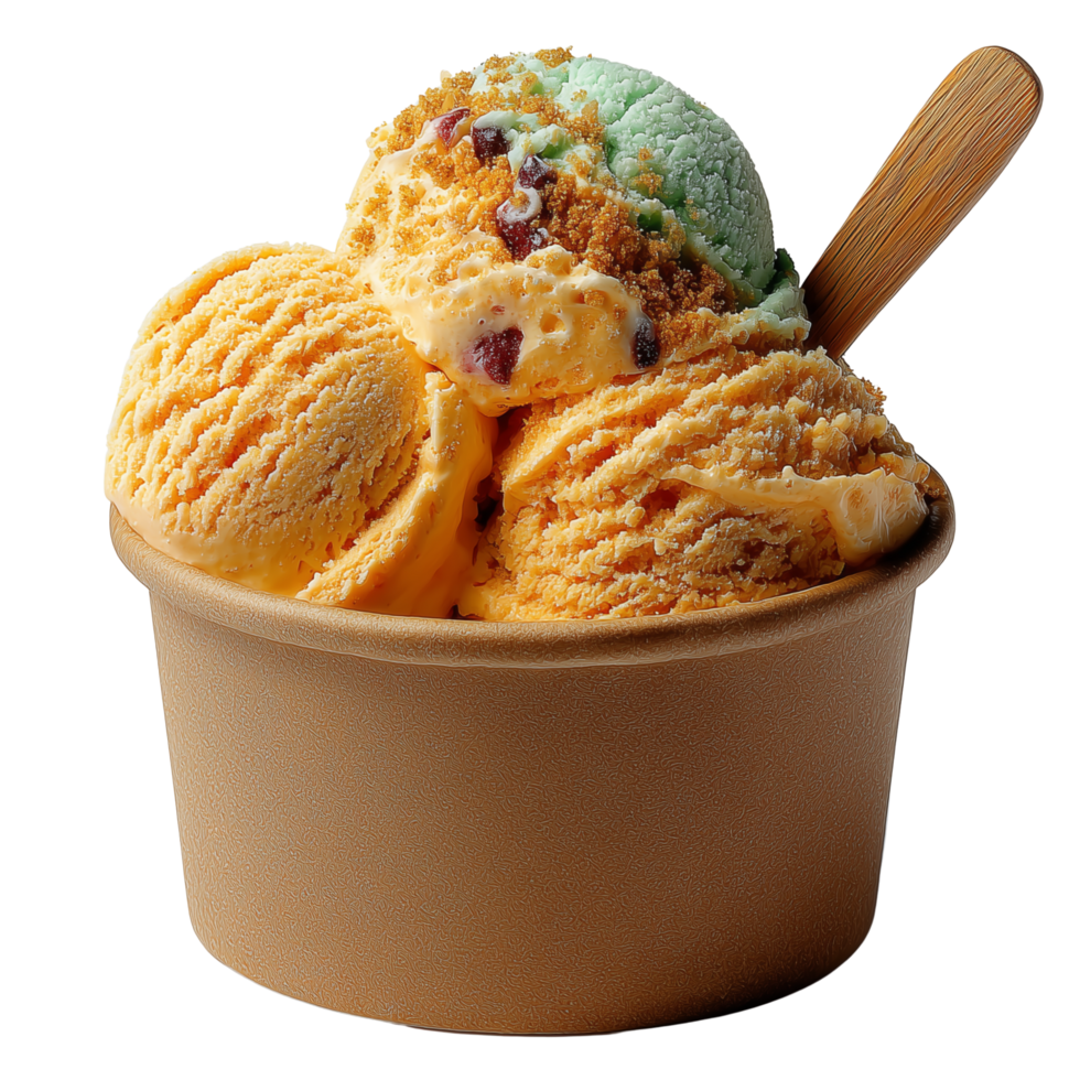 Bright ice cream in paper cup with spoon, isolated on transparent png