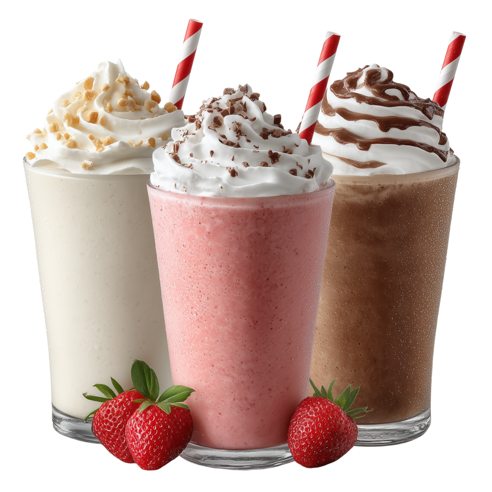 Three different milkshakes with strawberries and whipped cream png