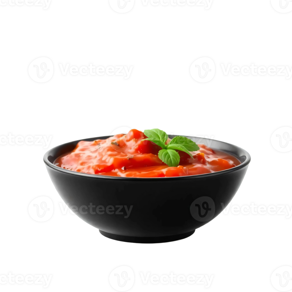 A bowl of tomato soup with basil leaves png