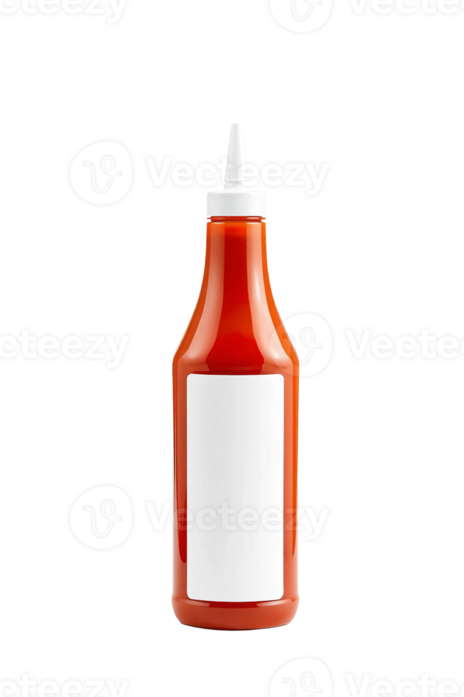 A bottle of ketchup with a white label on it png