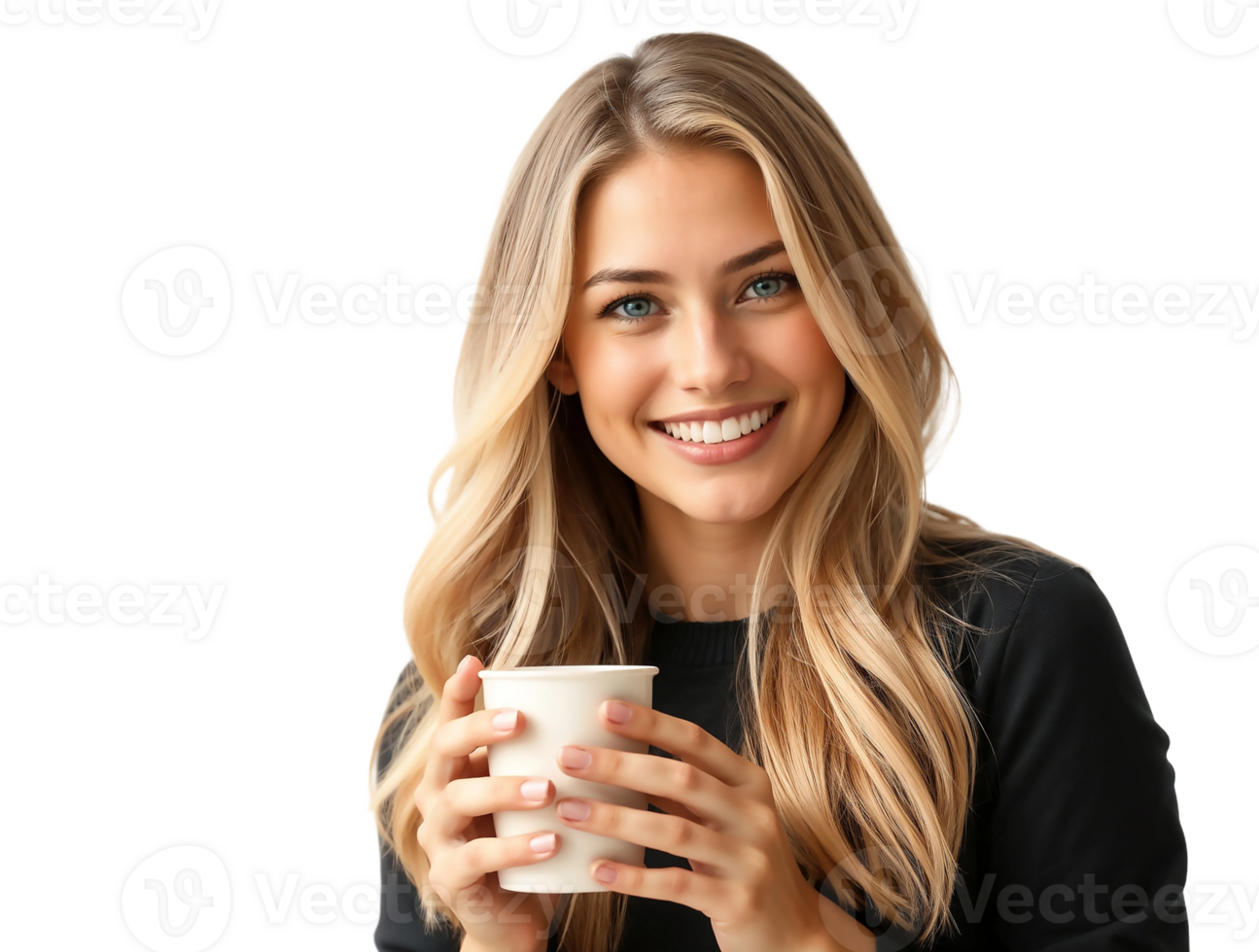Smiling woman holding a cup of coffee png