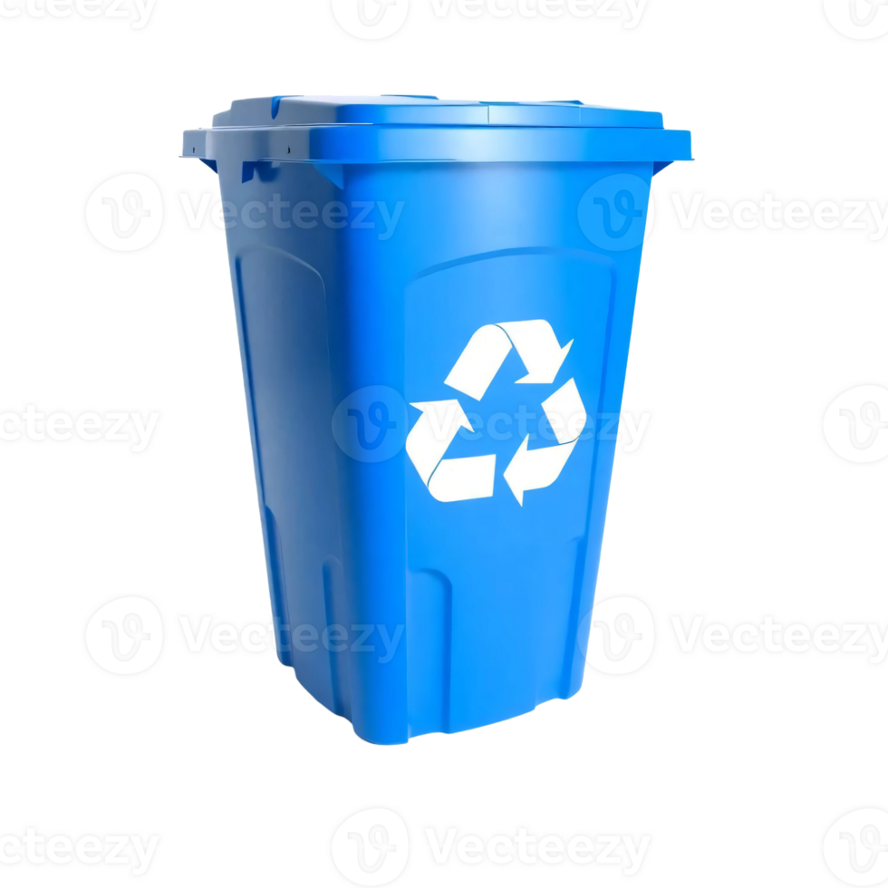 A blue recycling bin with a recycling symbol on it png