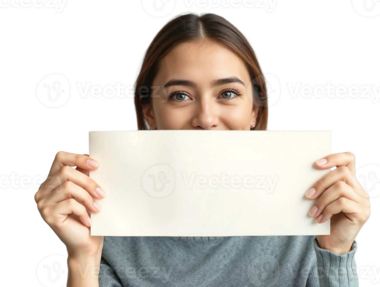 A woman holding up a blank paper png