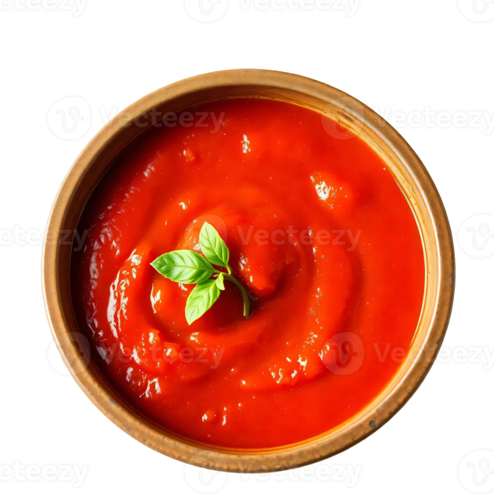 A bowl of tomato sauce with basil leaves png