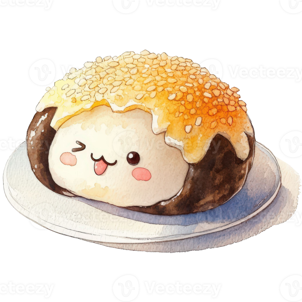 An illustration of an adorable, cartoonish sesame bun with a playful expression, topped with a sweet glaze and sesame seeds, resting on a small plate. png