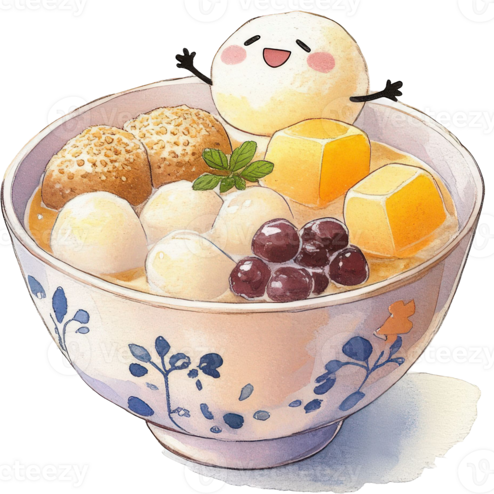 A vibrant bowl of assorted dessert items, inviting with a cheerful animated character. Showcasing a flavorful composition. png