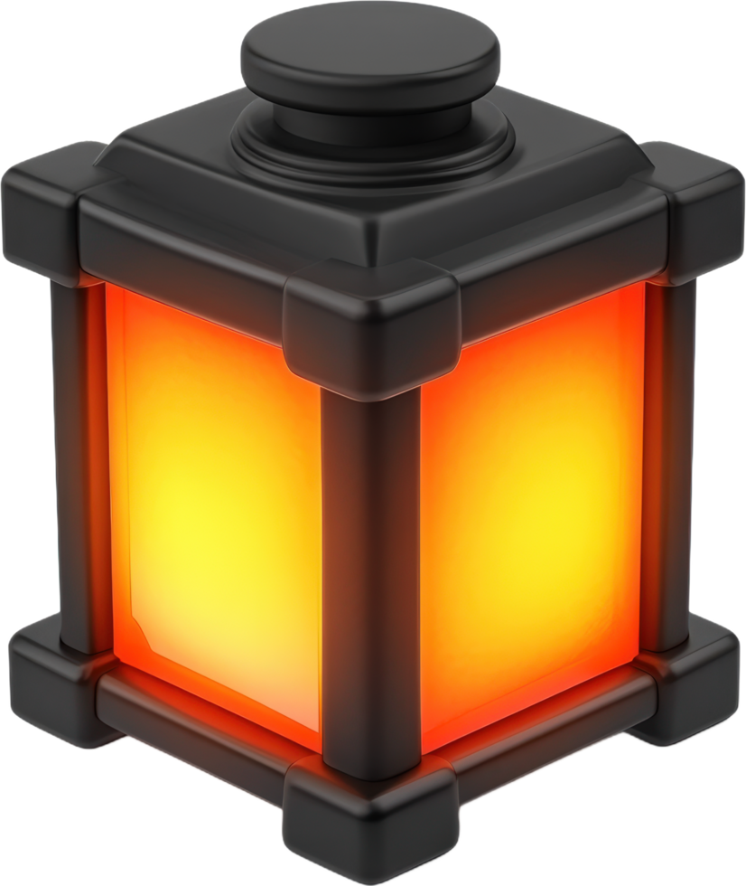 A black and orange lantern with a light on it png