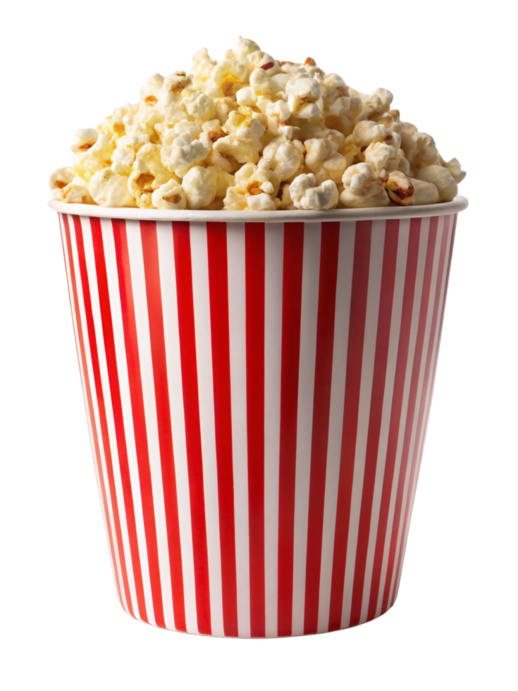 Delicious Buttery Popcorn in a Classic Red and White Striped Bucket png