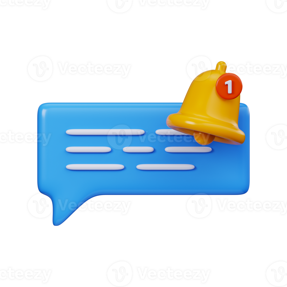 3D chat message notification, yellow bell icon with speech bubble. Symbol for message alerts or chat notifications. png