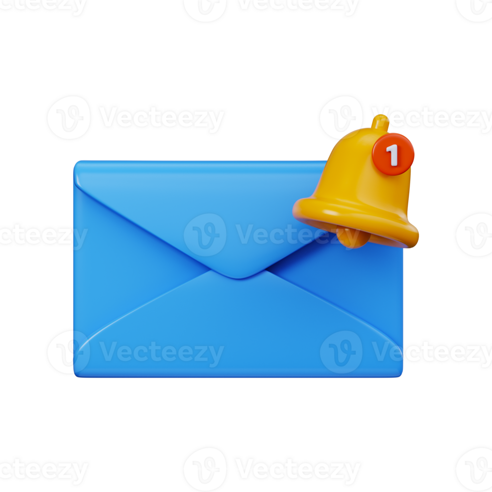 3D email notification symbol with bell alert. New message notification envelope, unread mail or incoming message png