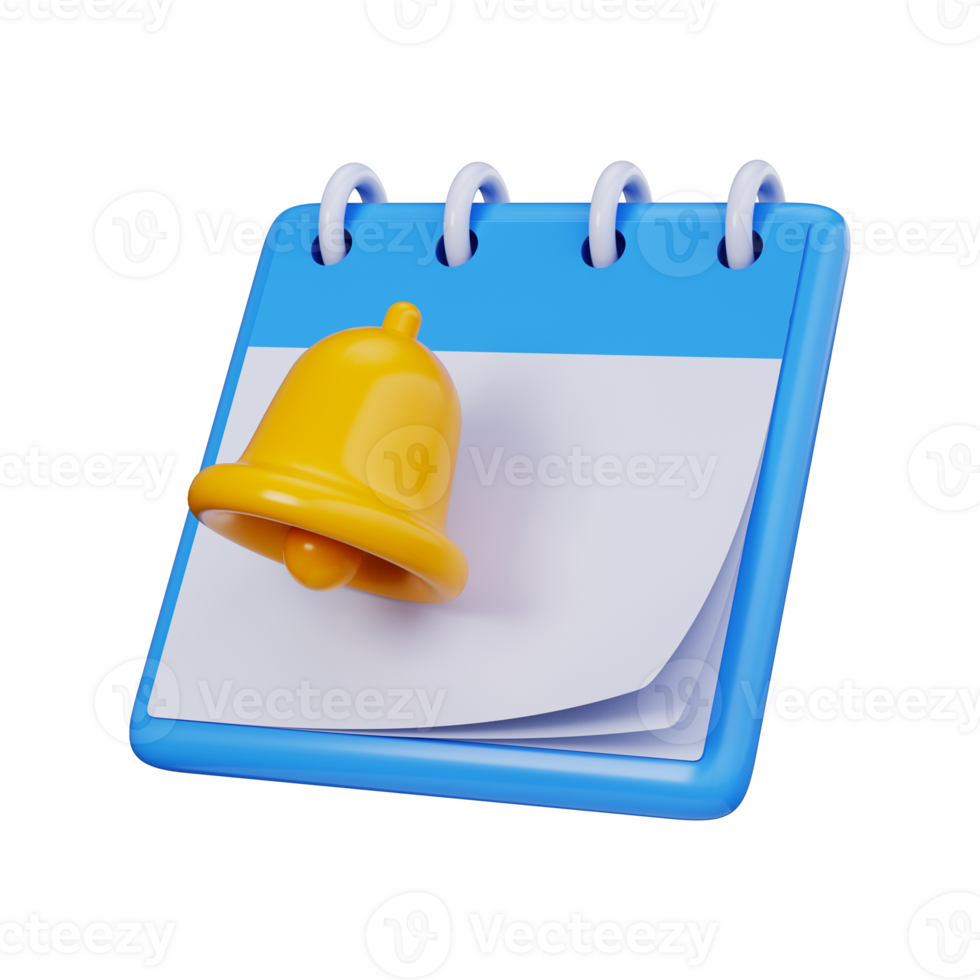 3D calendar with yellow notification bell illustration. Notification symbol, alerts about upcoming events or dates png