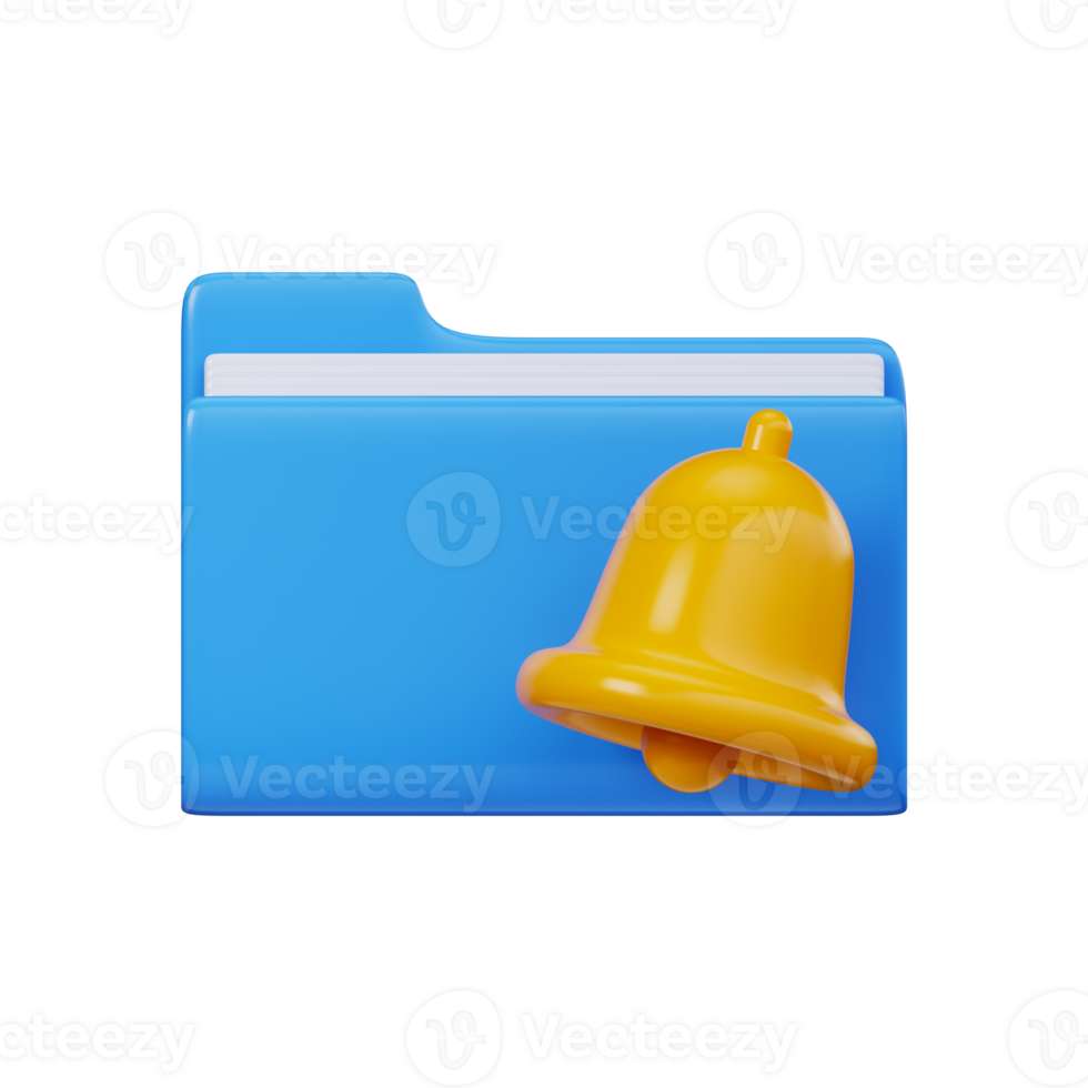 3d bell on folder icon, blue document file with alert symbol png