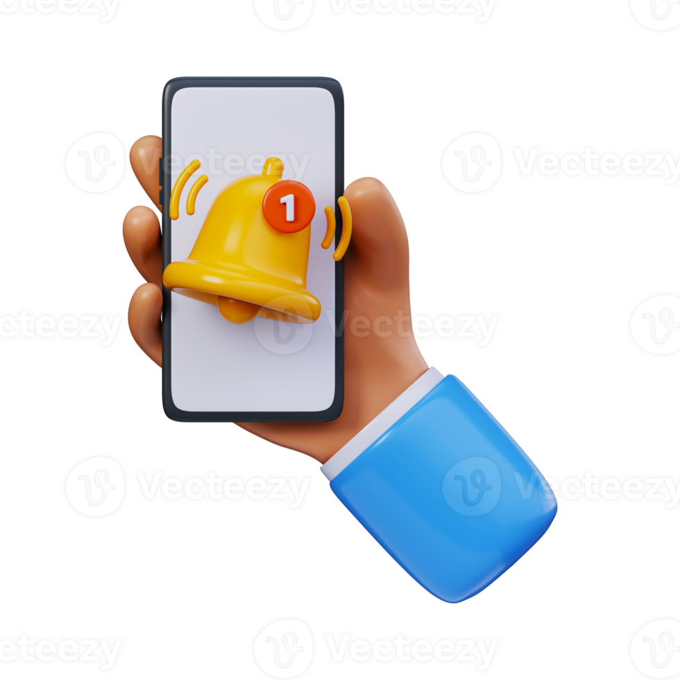 3D Mobile notification in hand. Yellow bell icon with red number 1 on smartphone in hand. Symbol of mobile app notifications, user notifications or new messages. png