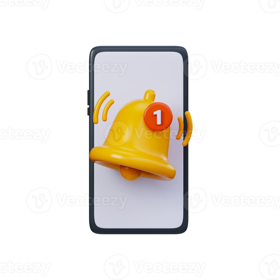 New notification on smartphone, 3D yellow notification bell on smartphone screen. png