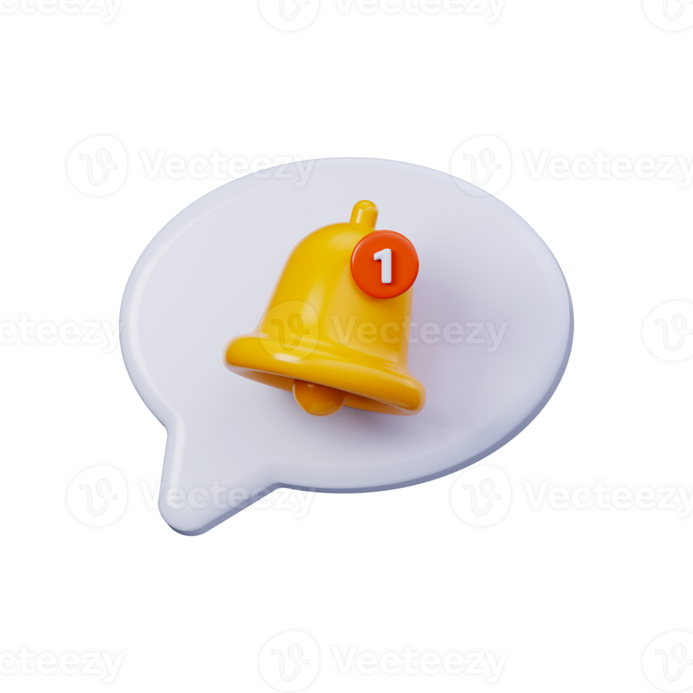 3D bell in speech bubble, yellow bell with red 1 icon inside white message. Symbol for new message alerts, chat notifications and social media icons in mobile user interface. png