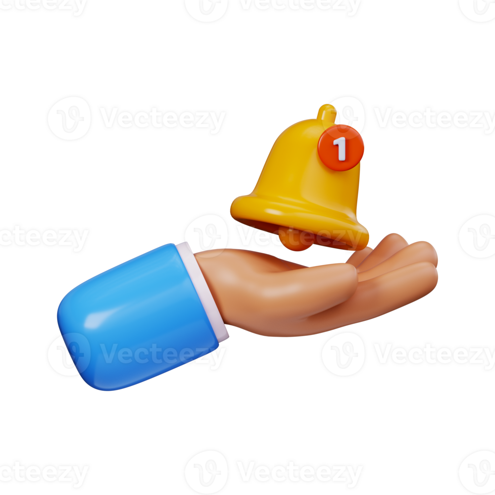 3D bell with notification icon in hand. New message notification icon or email alert png