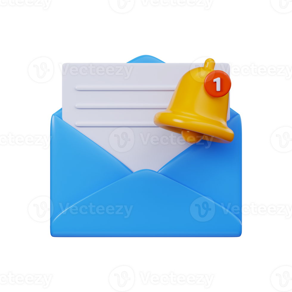 3D email icon with notification bell and new message icon. Open envelope with letter and notification symbol for incoming mail, inbox or system notification png