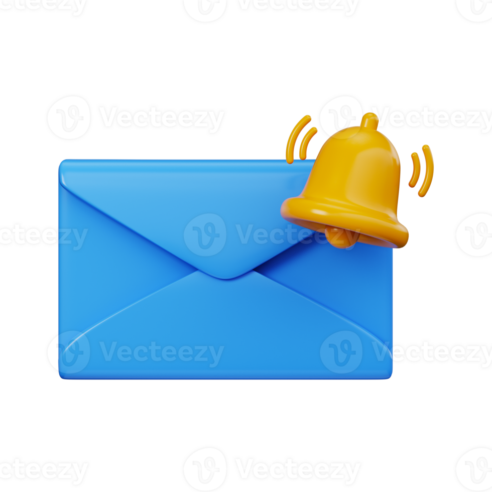 Blue 3D envelope with notification bell. Message alert symbol for email or user interface png