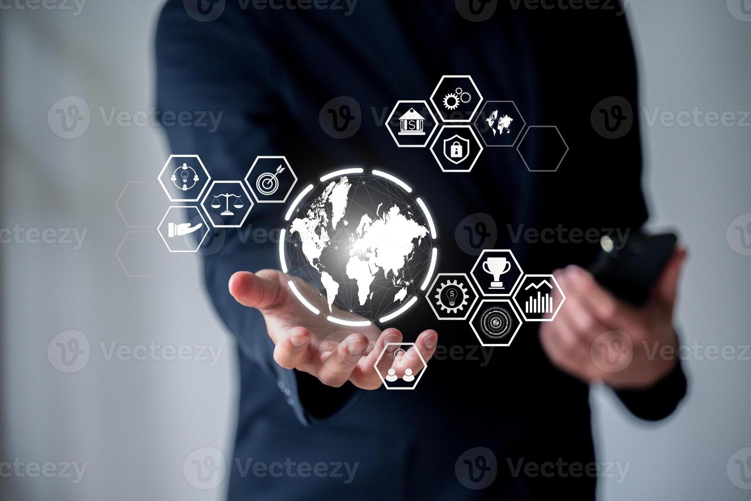 The Business man work with laptop seek digital and techology icon floating on screen photo