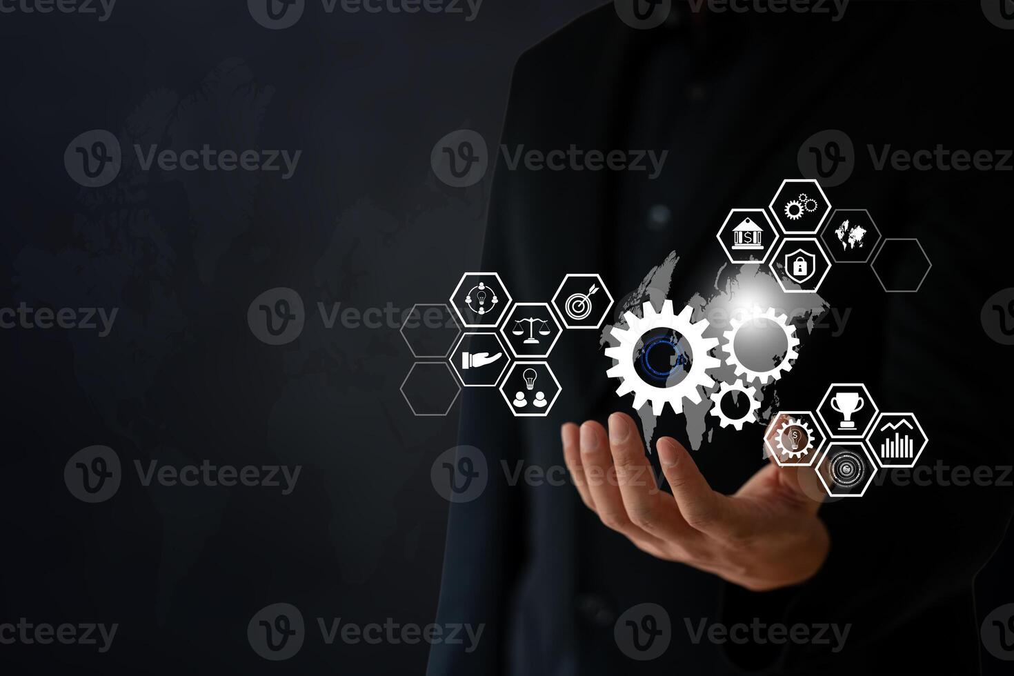 The Business man use hand to hold digital and techology icon floating on screen photo