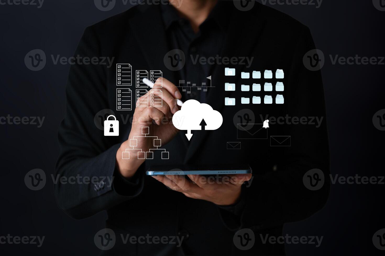 The Business man work with laptop seek data input and output from data icon floating on screen. photo