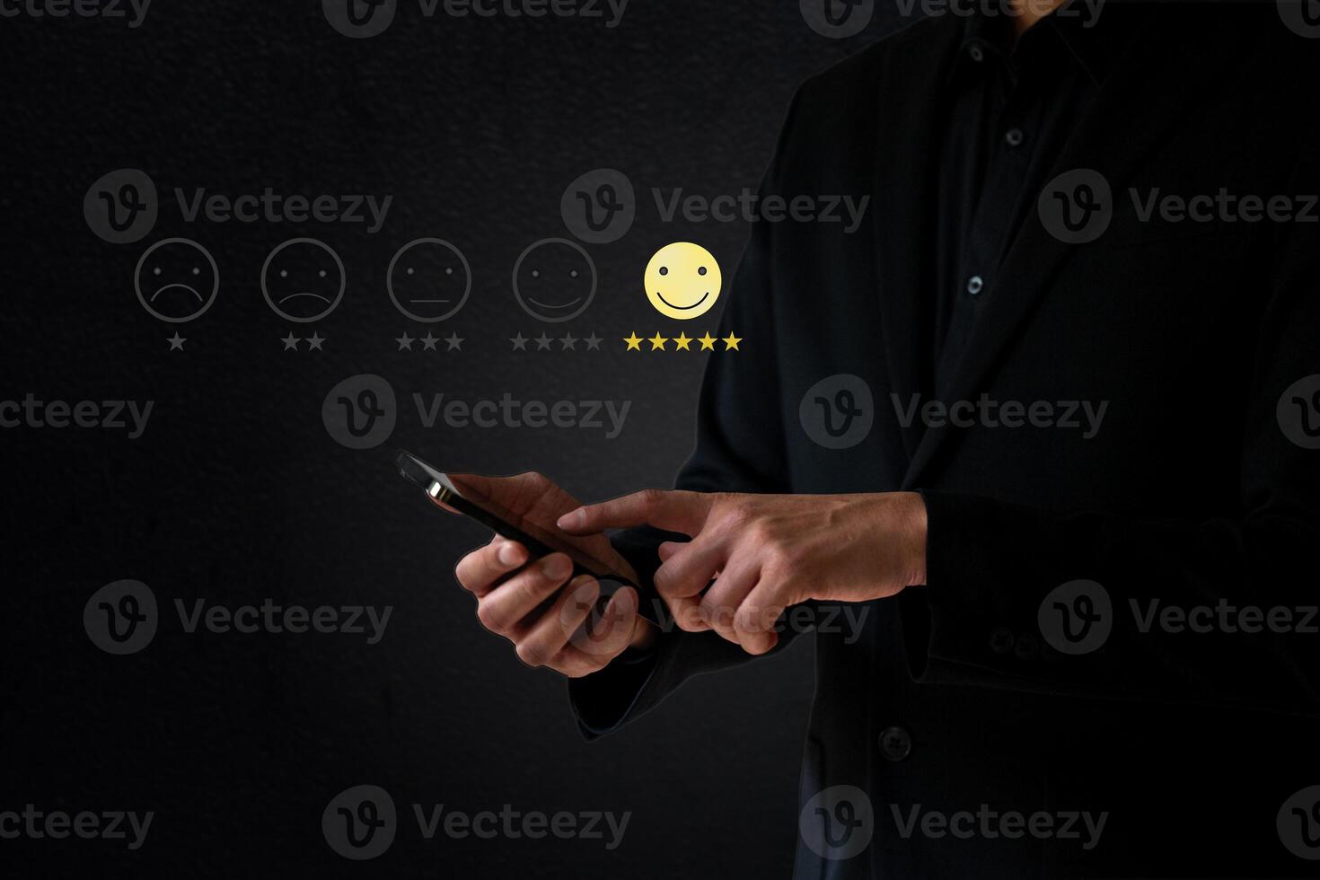 Business man evaluate five star rating on benifit revenue growth floating on screen photo